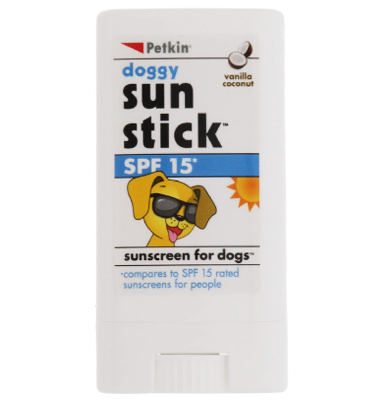Sunstick Petkin appliqué sur le museau du chien pour une protection solaire.