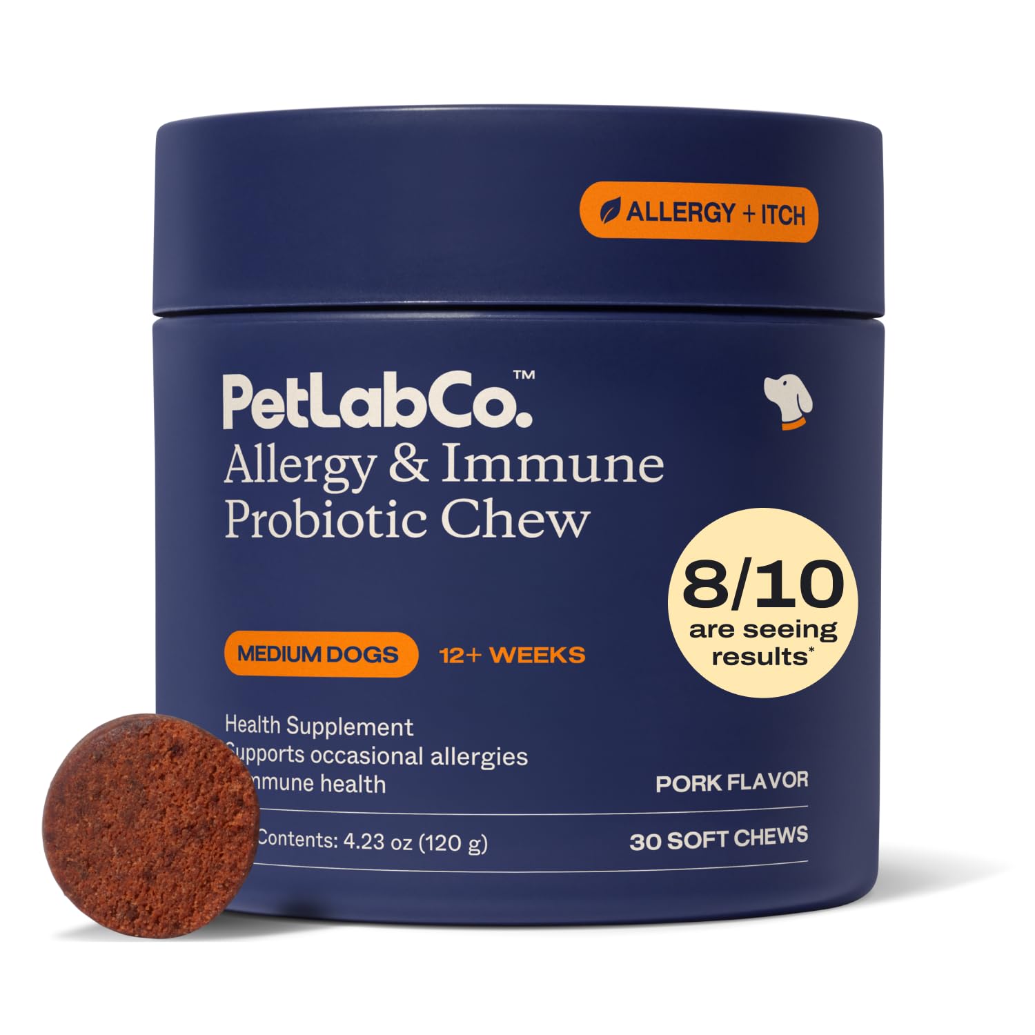 PetLab Co Probiotiques quotidiens pour chiens – bouchées et emballage, soutien immunitaire potentiel.