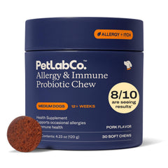 PetLab Co Probiotiques quotidiens pour chiens – bouchées et emballage, soutien immunitaire potentiel.