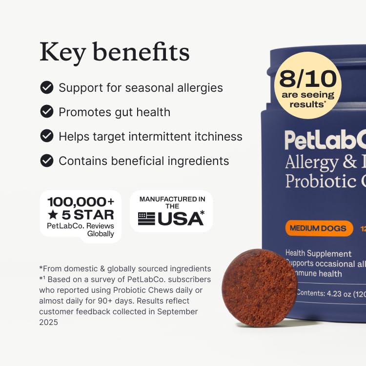 PetLab Co Probiotiques pour chiens – emballage visible, soutien potentiel aux allergies saisonnières.