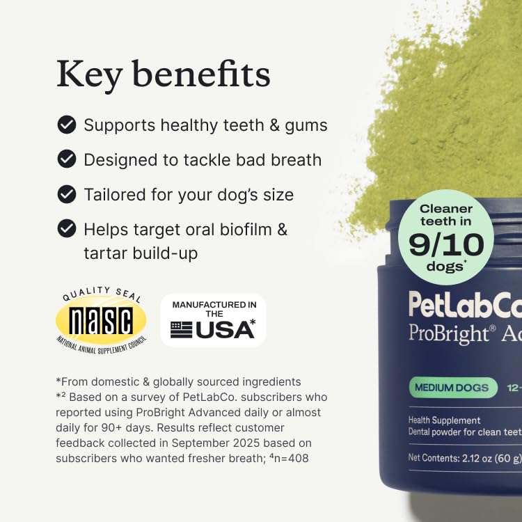 ProBright doseur, poudre dentaire PetLab Co, dosage précis pour chien.