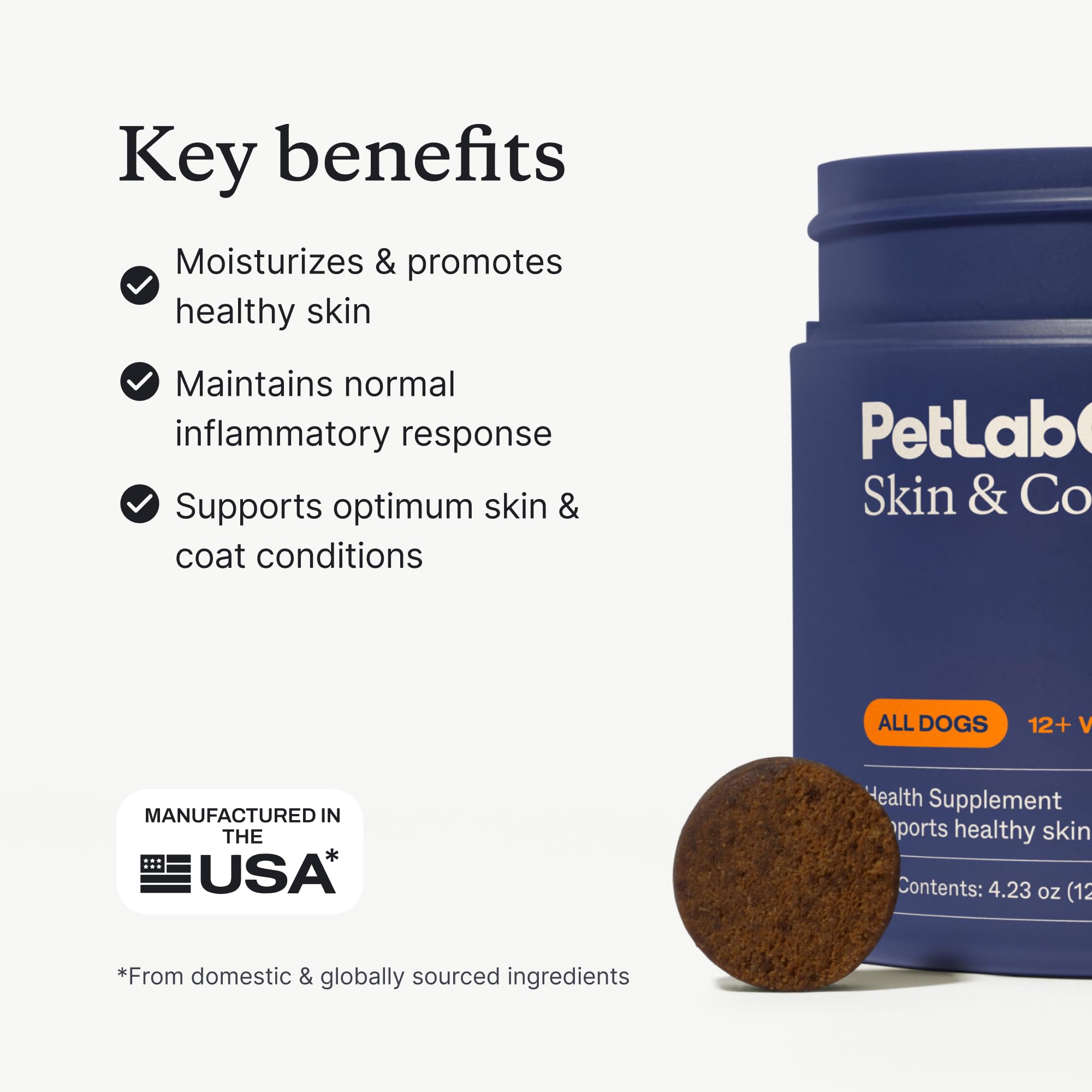 PetLab Co friandise peau et pelage texture douce pour chien.