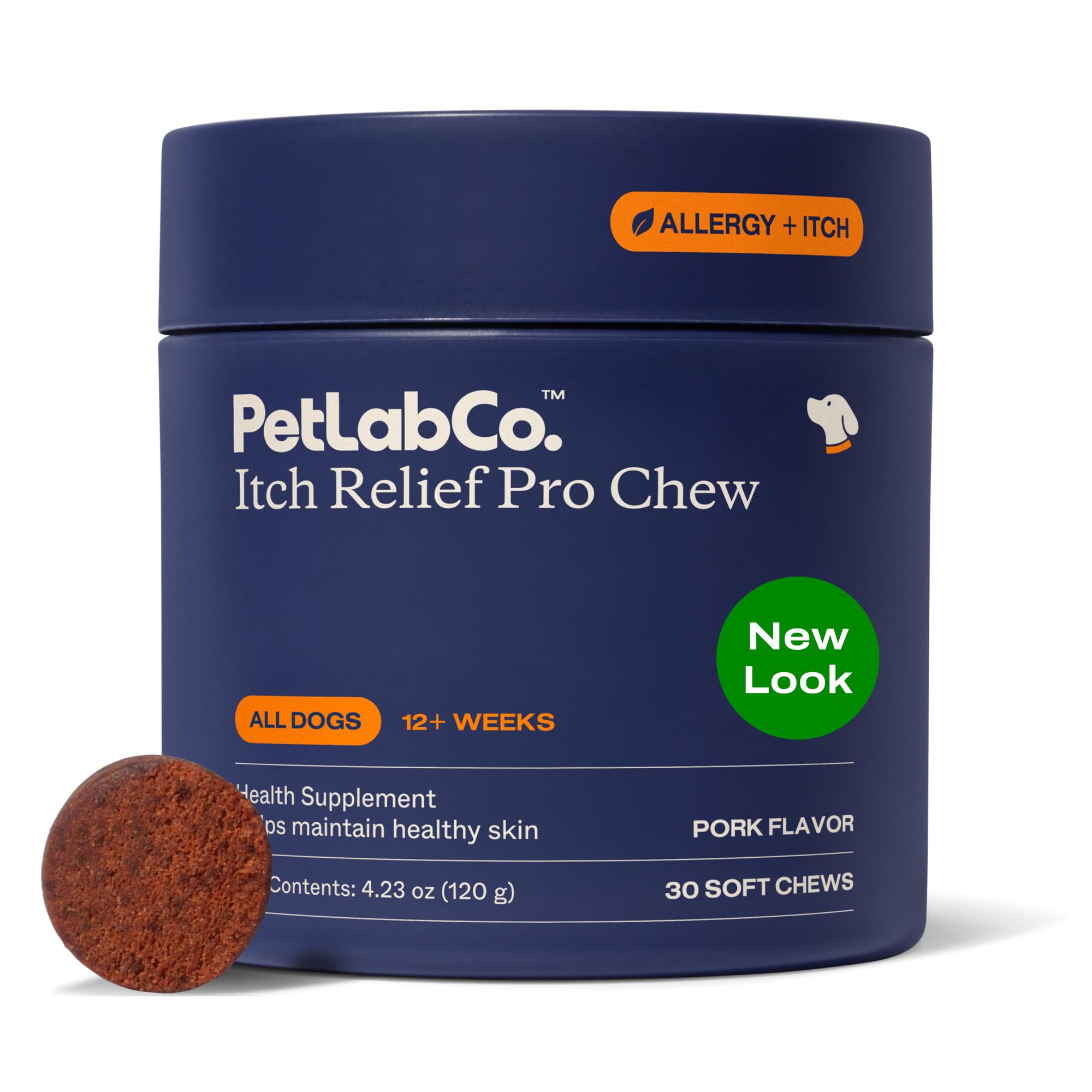 PetLab Co Itch Relief Chew Pro – bouteille, soulage démangeaisons chez le chien.