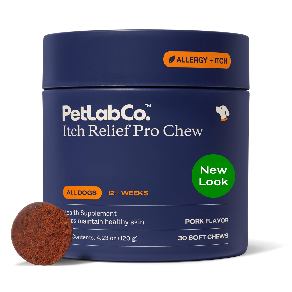 PetLab Co Itch Relief Chew Pro – bouteille, soulage démangeaisons chez le chien.