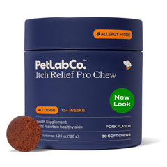 PetLab Co Itch Relief Chew Pro – bouteille, soulage démangeaisons chez le chien.