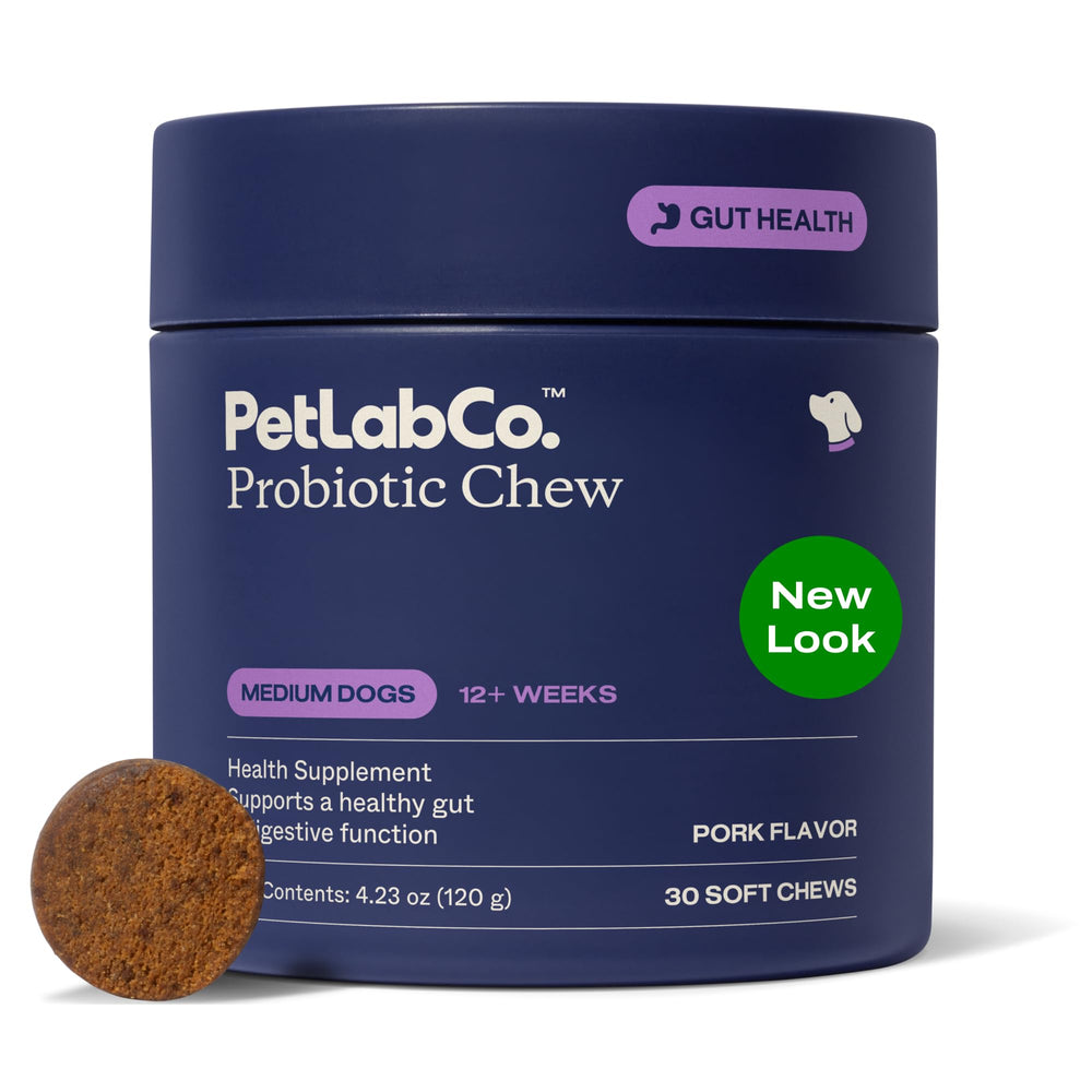 PetLab Co Probiotiques pour chiens: bouchées souples pour soutien digestif et énergie quotidienne.