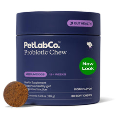 PetLab Co Probiotiques pour chiens: bouchées souples pour soutien digestif et énergie quotidienne.