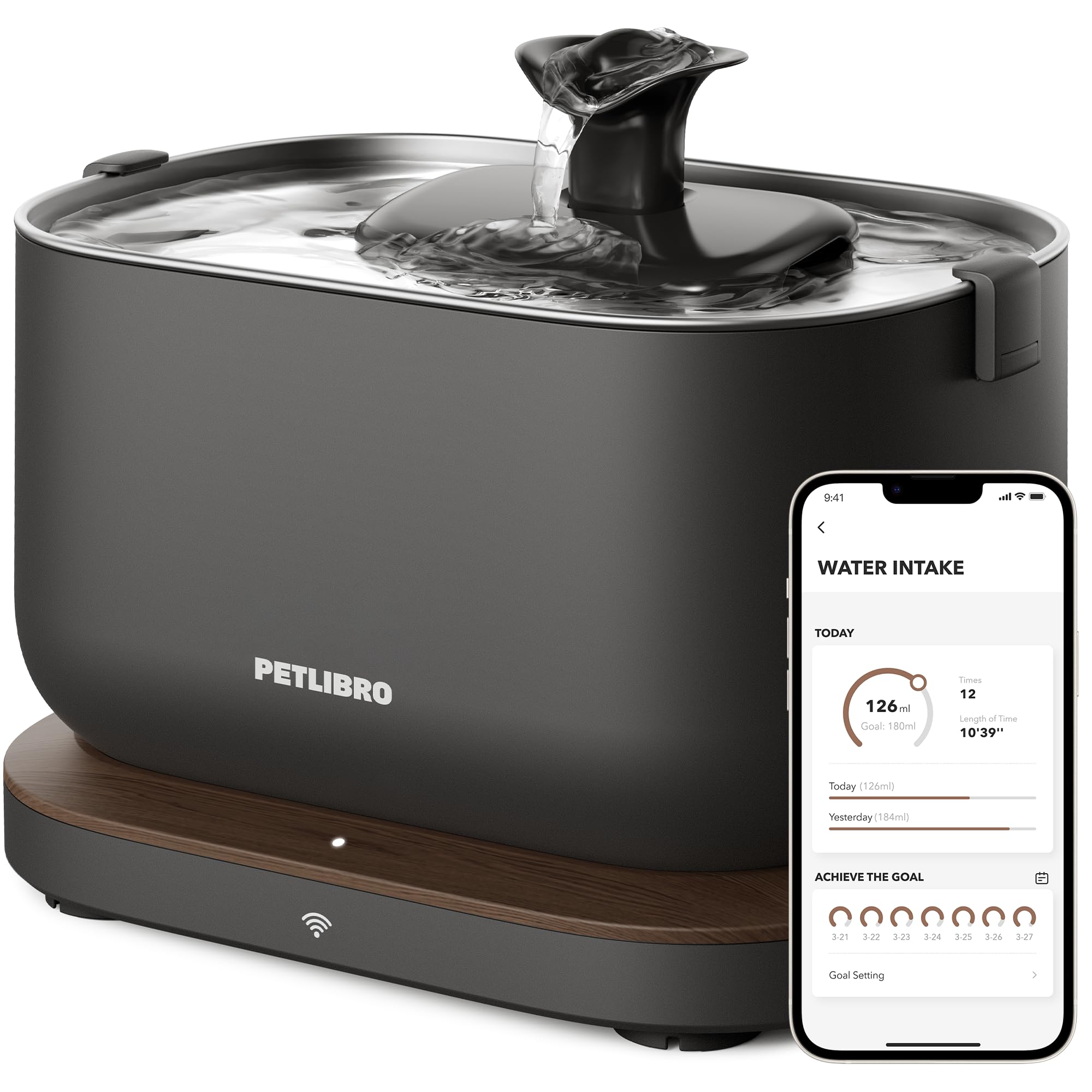 Fontaine PETLIBRO pour chat avec plateau inox et eau fraîche, nettoyage facilité.
