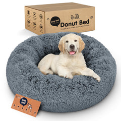 Lit Donut Petloox pour chien gris foncé, confort enveloppant et doux.