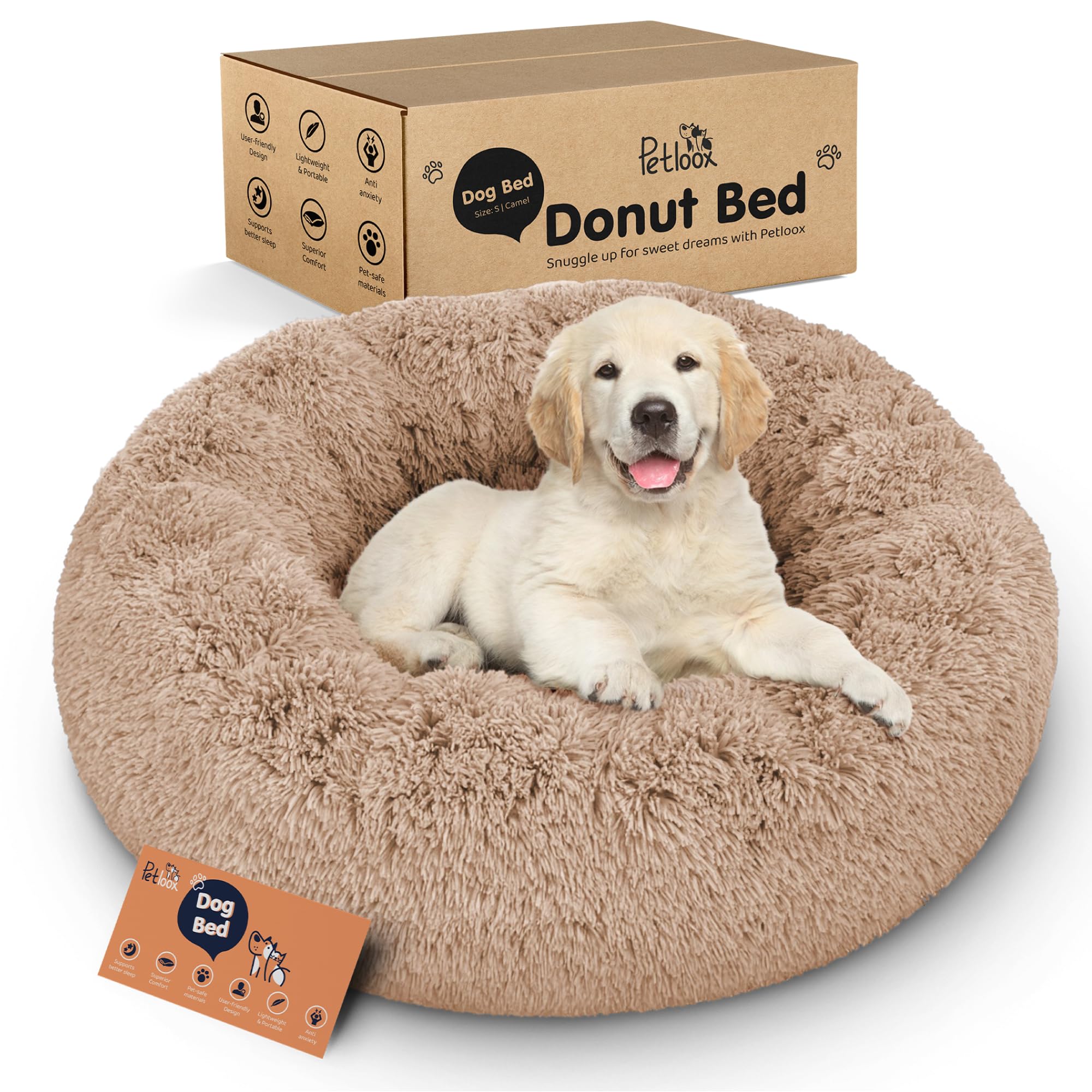 Lit beignet Petloox pour chien en sable, confort ultra-doux pour sieste rassurante.