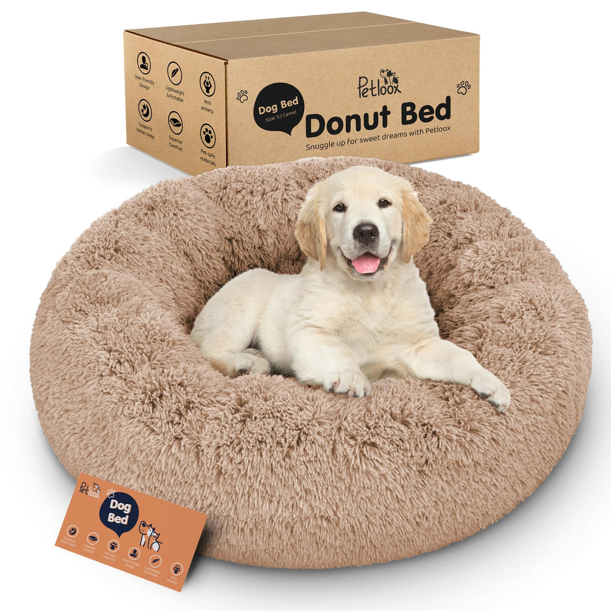 Lit beignet Petloox pour chien en sable, confort ultra-doux pour sieste rassurante.
