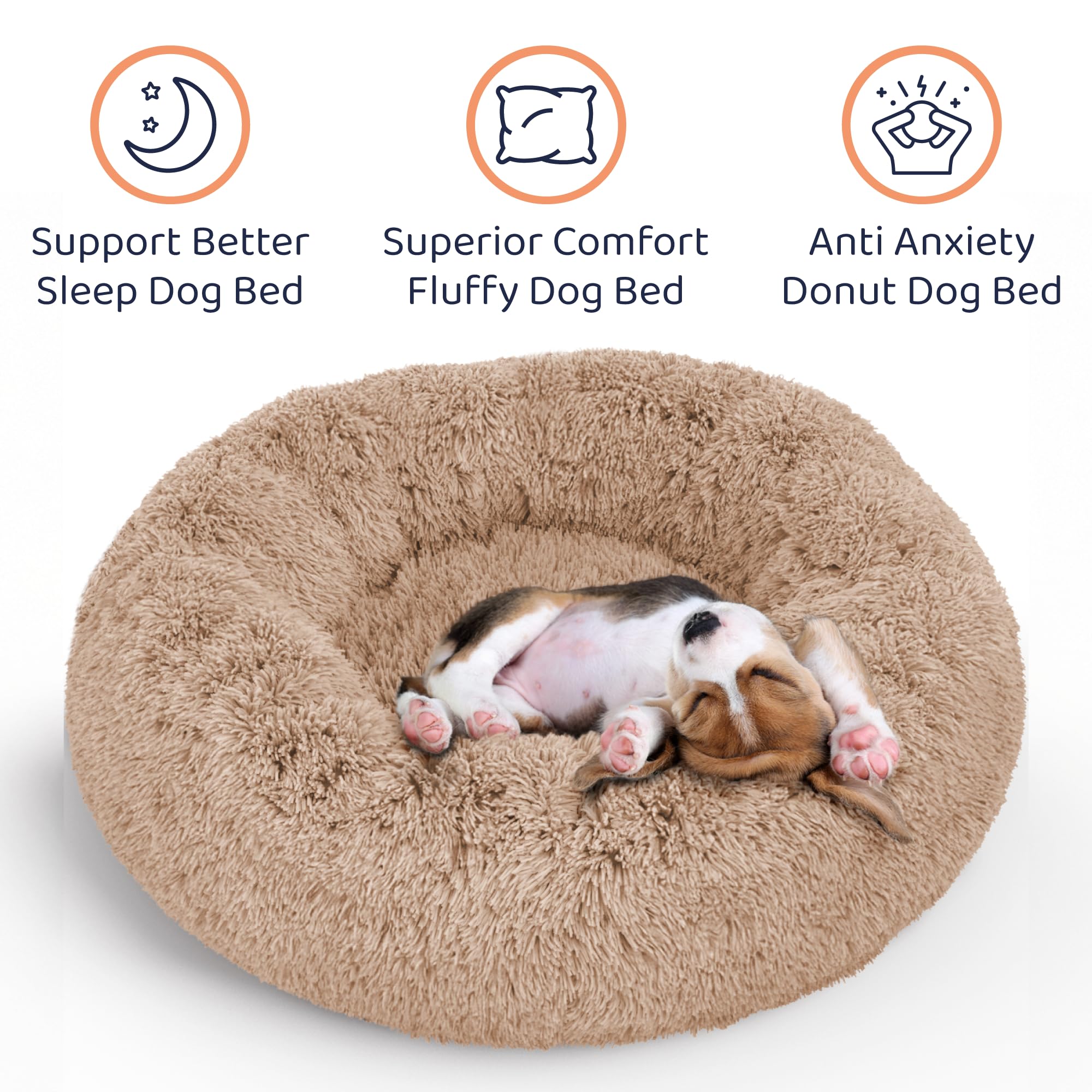 Lit beignet Petloox pour chien, couleur sable, design enveloppant favorisant le repos.