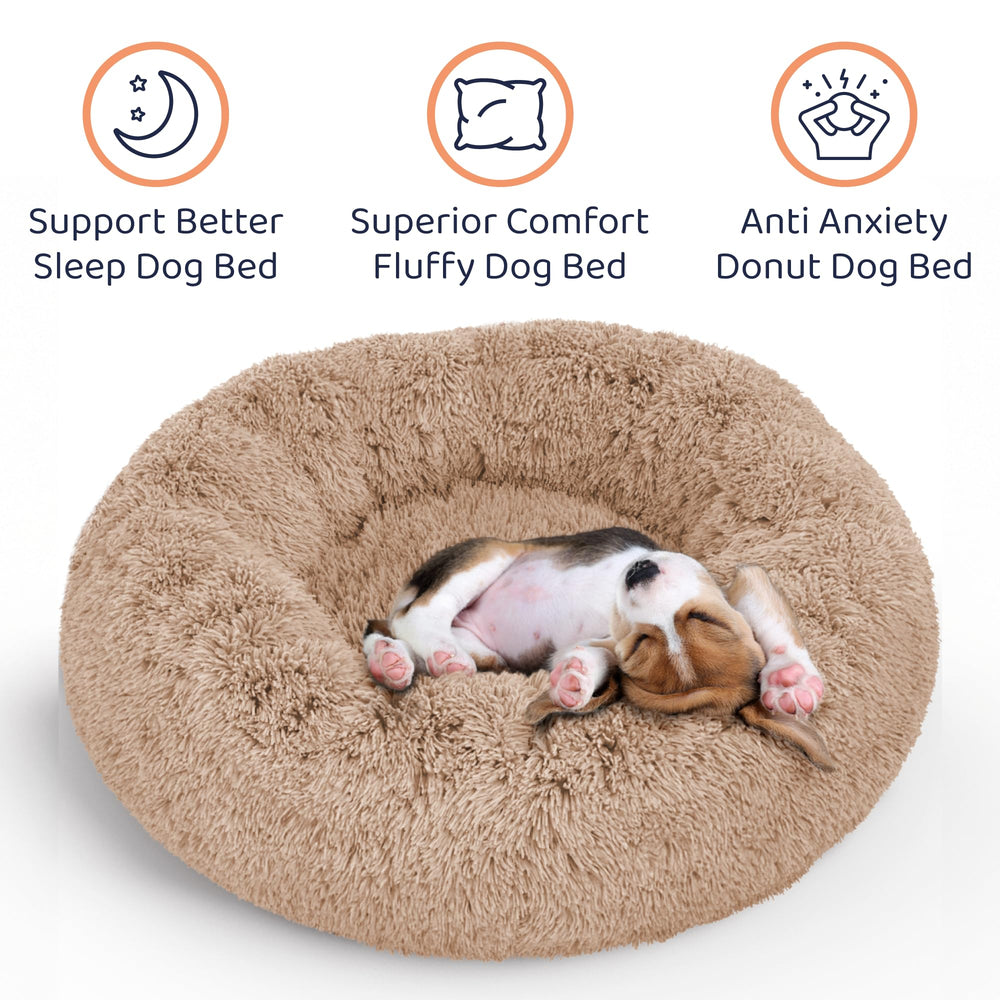 Lit beignet Petloox pour chien, couleur sable, design enveloppant favorisant le repos.