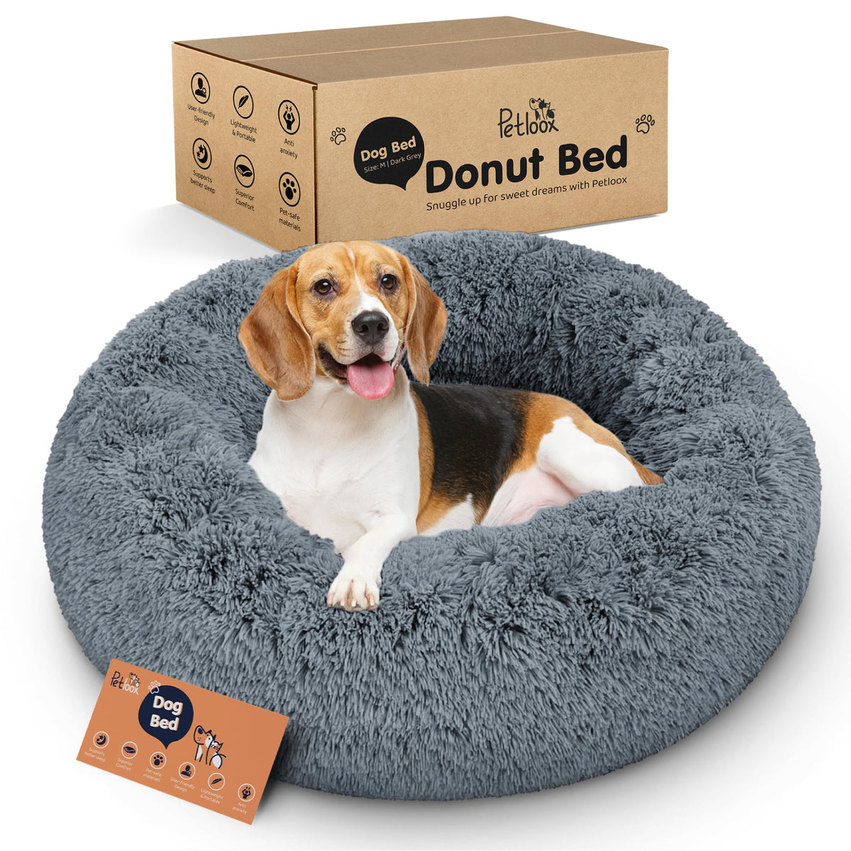 Lit Donut Petloox gris foncé, forme ronde rassurante pour le confort quotidien.