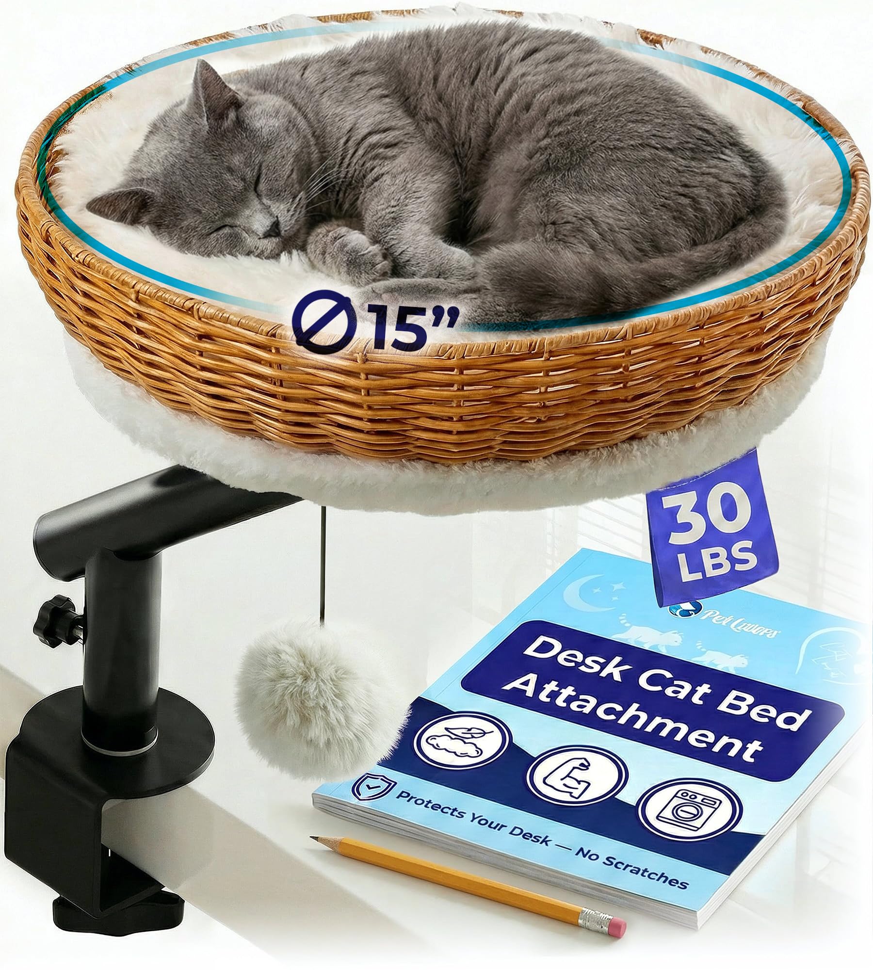 Lit de bureau PetLovers pour chat avec bras rotatif à 360°, proche de vous pendant le travail.