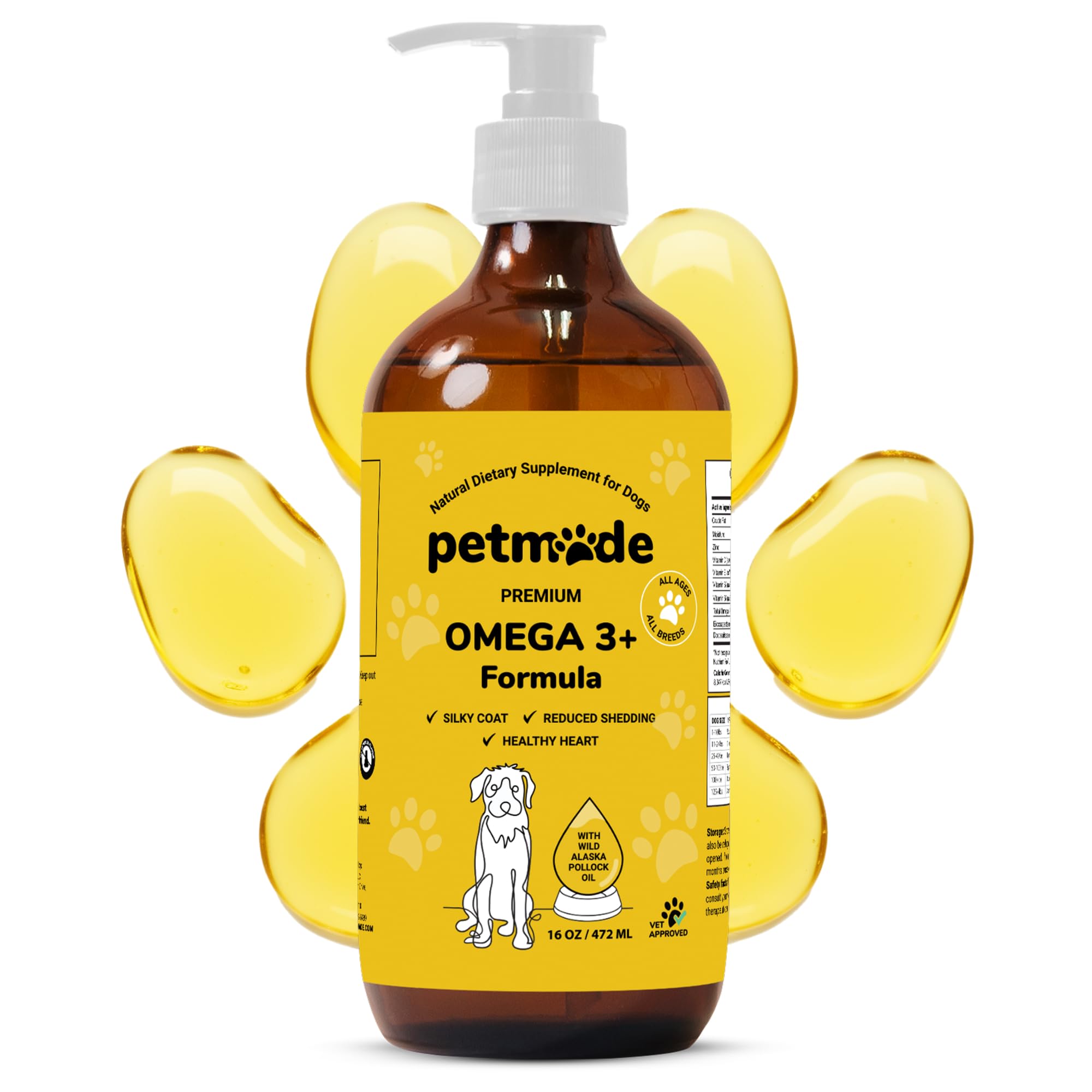 PetMade huile de poisson pollock alaskien pour chien favorise un pelage éclatant et sain.