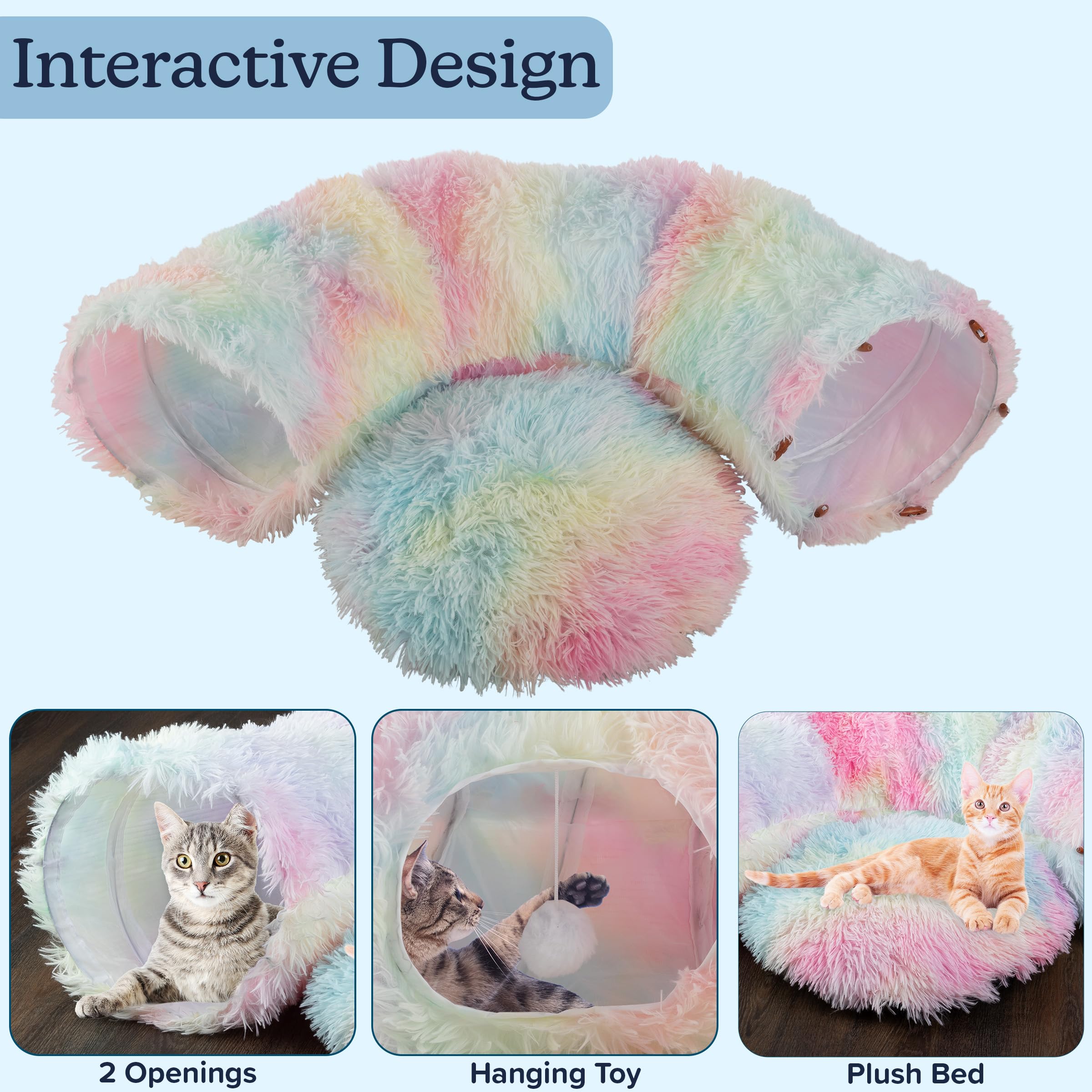Jouets pom-pom suspendus sur le tunnel PETMAKER pour stimulation et amusement.