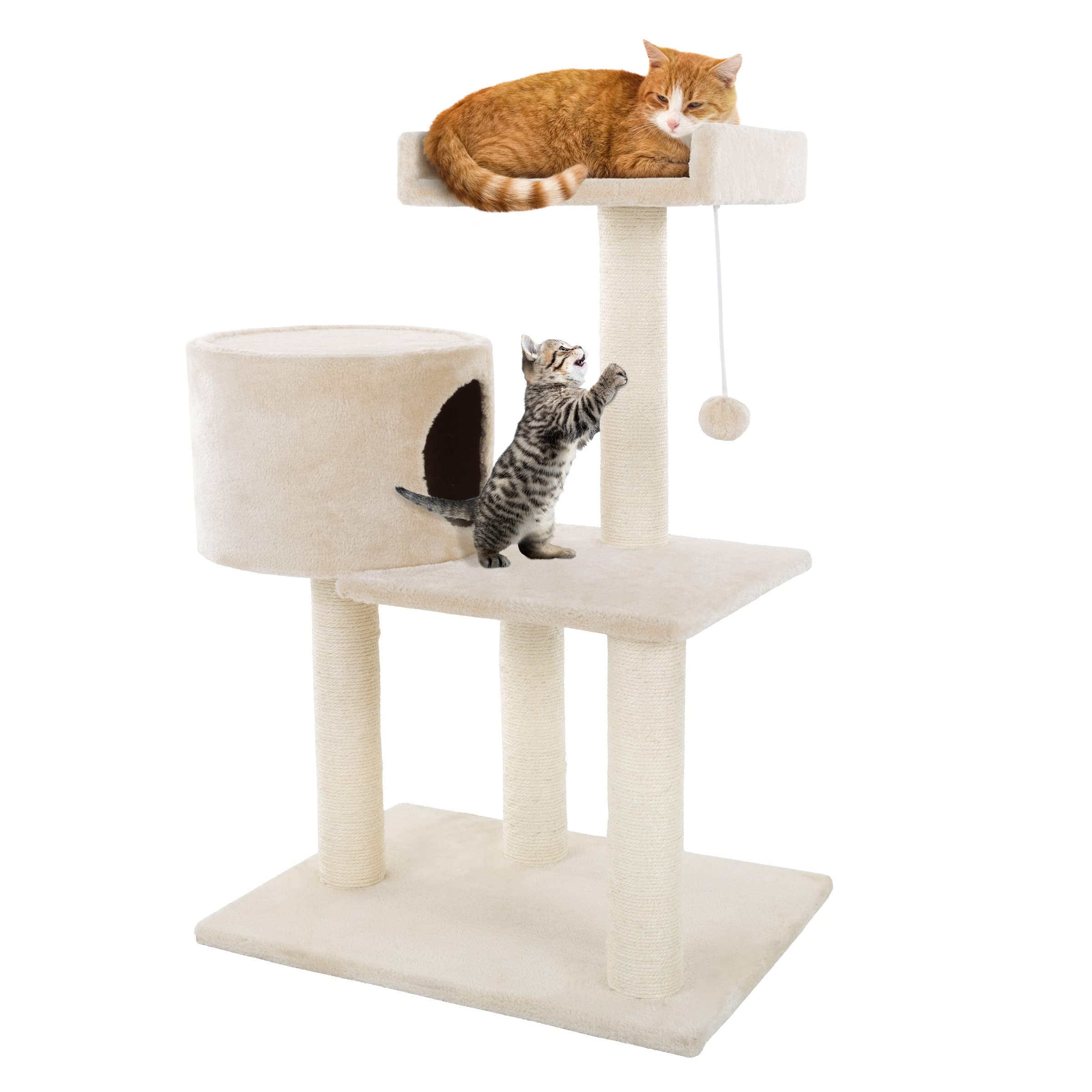 PETMAKER Tour d'Chat 3 Étages: vue d'ensemble avec nappes confortables pour sieste.