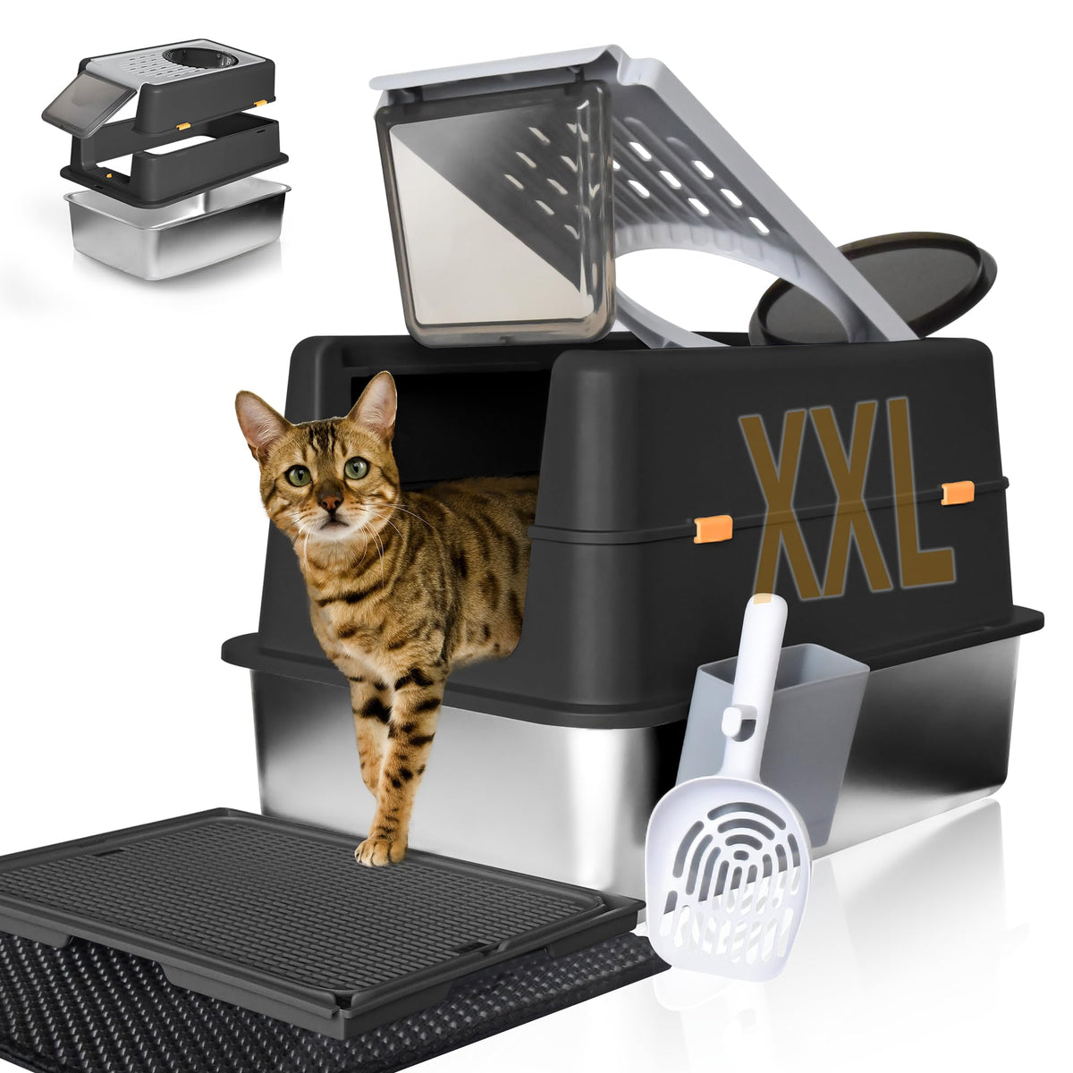 PetMarket boîte litière en acier inox XXL avec couvercle offrant un espace généreux pour grands chats