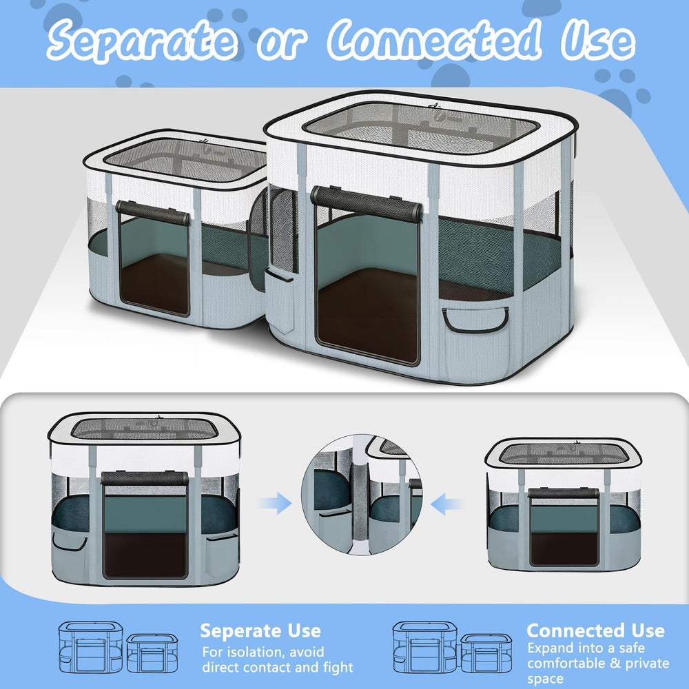 Deux portes roulantes du Petmarket playpen facilitant l’accès des animaux.