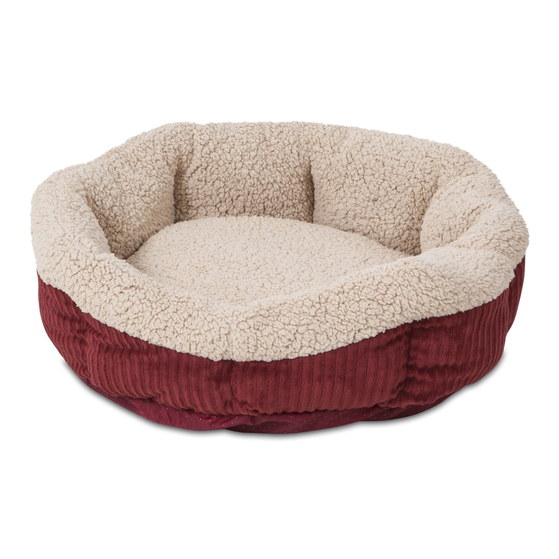 Lit rond auto-chauffant Petmate Aspen Pet en velours côtelé rouge-crème, chaleur douce sans électricité.