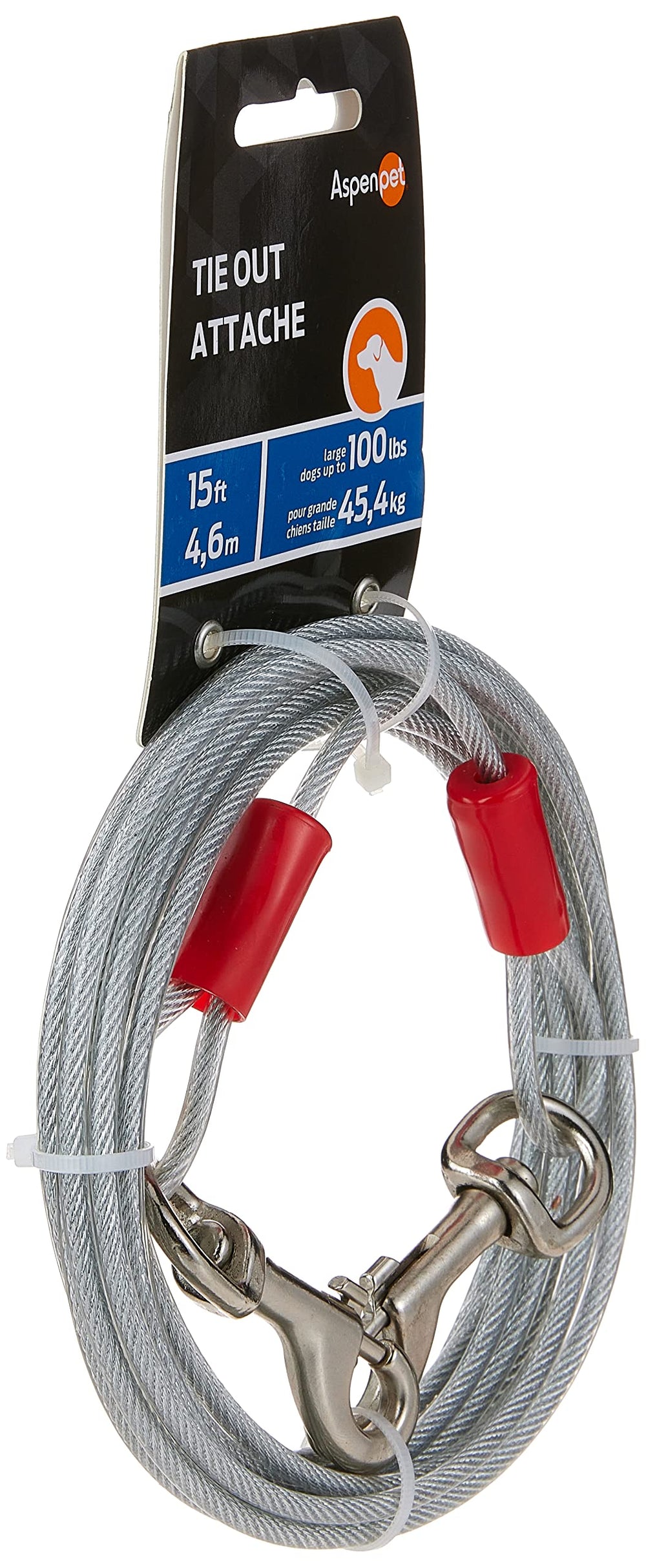 Petmate câble longe chien avec attaches en laiton, sécurité renforcée au quotidien.