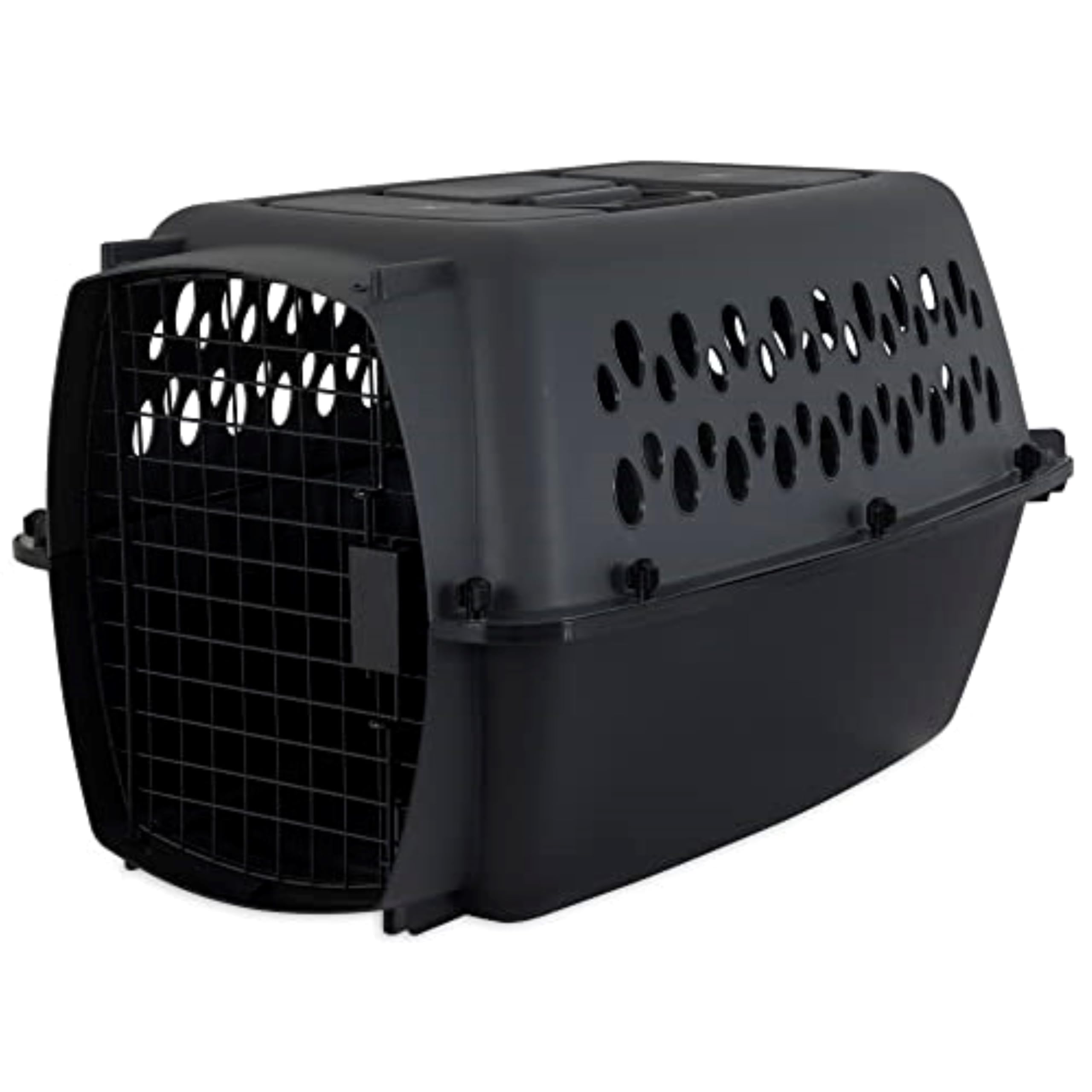 Vue extérieure du Petmate Pet Porter 24 pouces, coque plastique gris-noir, adapté au voyage.