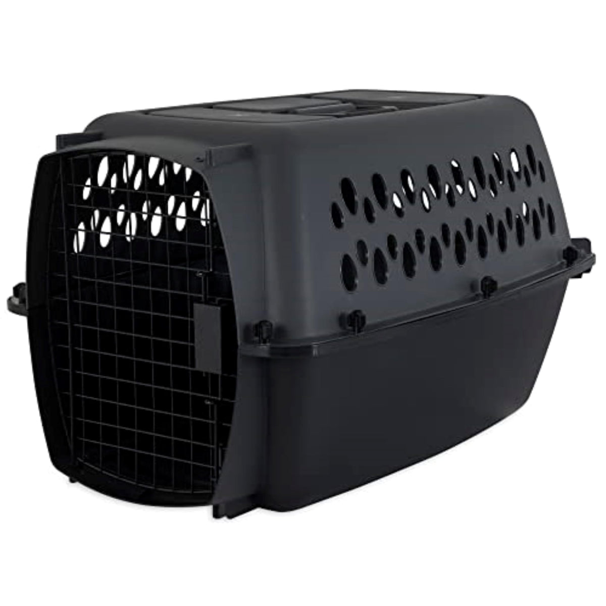 Vue extérieure du Petmate Pet Porter 24 pouces, coque plastique gris-noir, adapté au voyage.