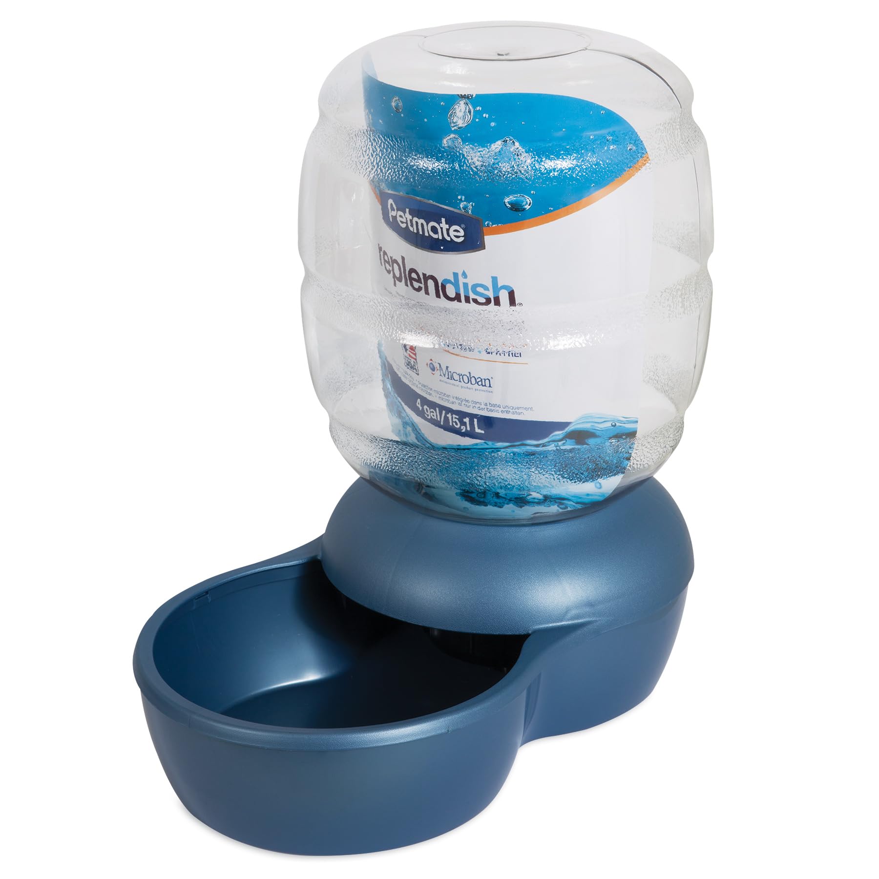 Petmate Replendish vue d'ensemble distributeur eau par gravité, accès pratique.
