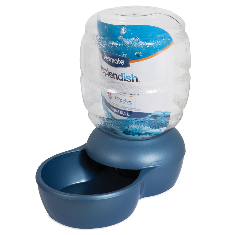 Petmate Replendish vue d'ensemble distributeur eau par gravité, accès pratique.
