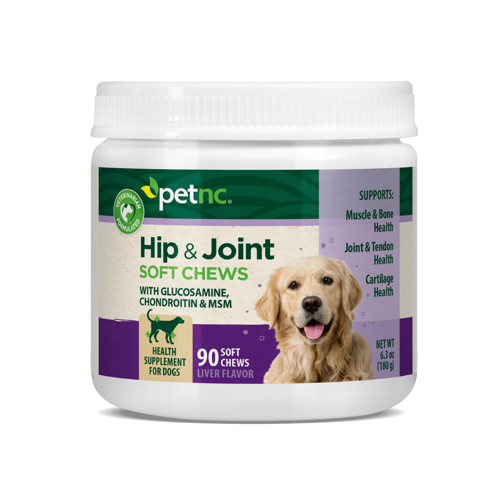 PetNC Hip & Joint Soft Chews offre une saveur foie dans une bouteille pratique.