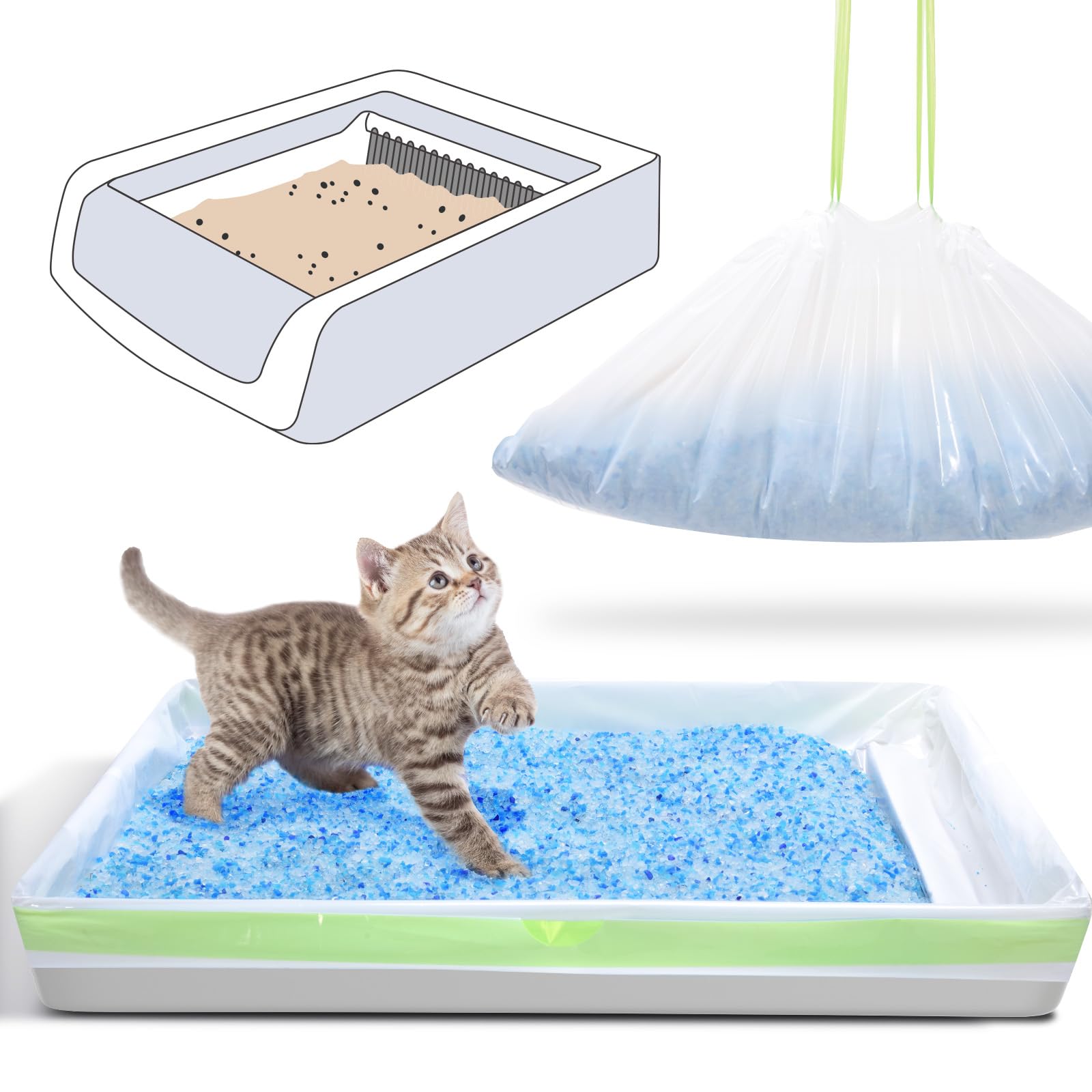 Liner PETOCAT dans bac à litière ouvert, pratique et propre.