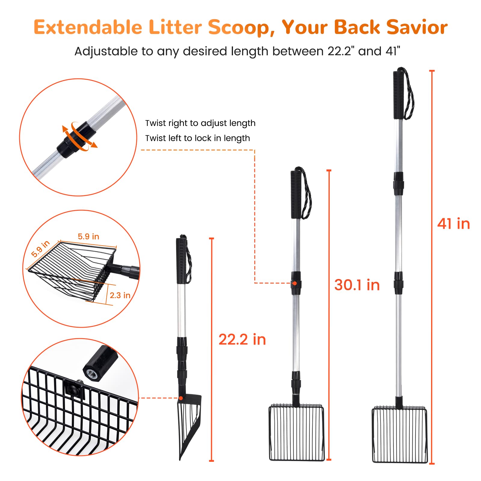 Poignée en acier inoxydable PETOCAT, robuste et extensible pour nettoyer facilement.