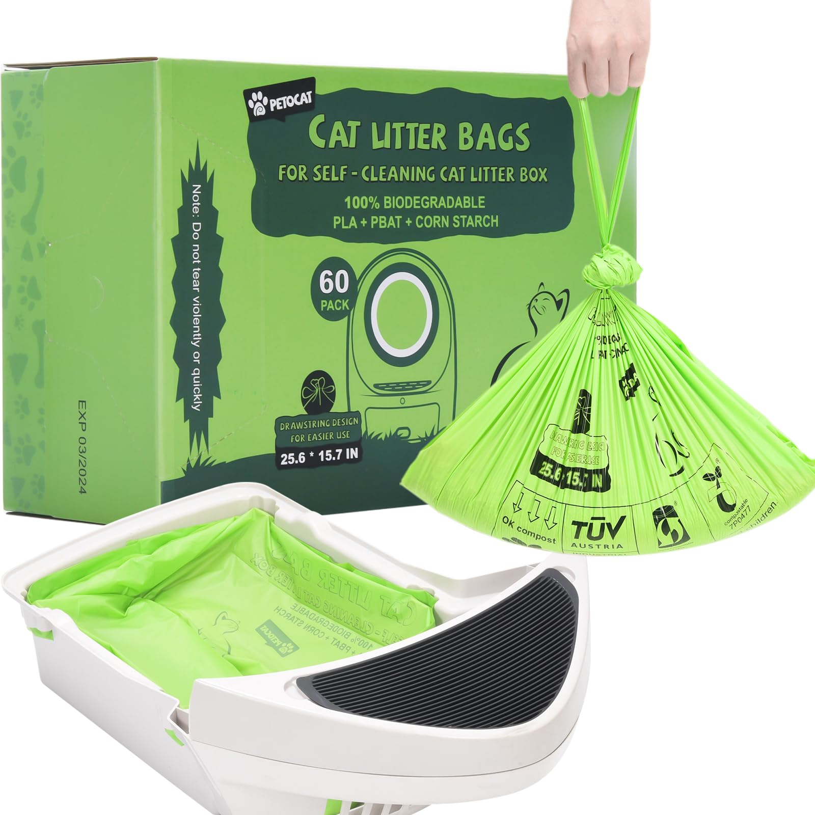Rouleau de sacs PETOCAT biodégradables pour litière, pratique et prêt à l'emploi.