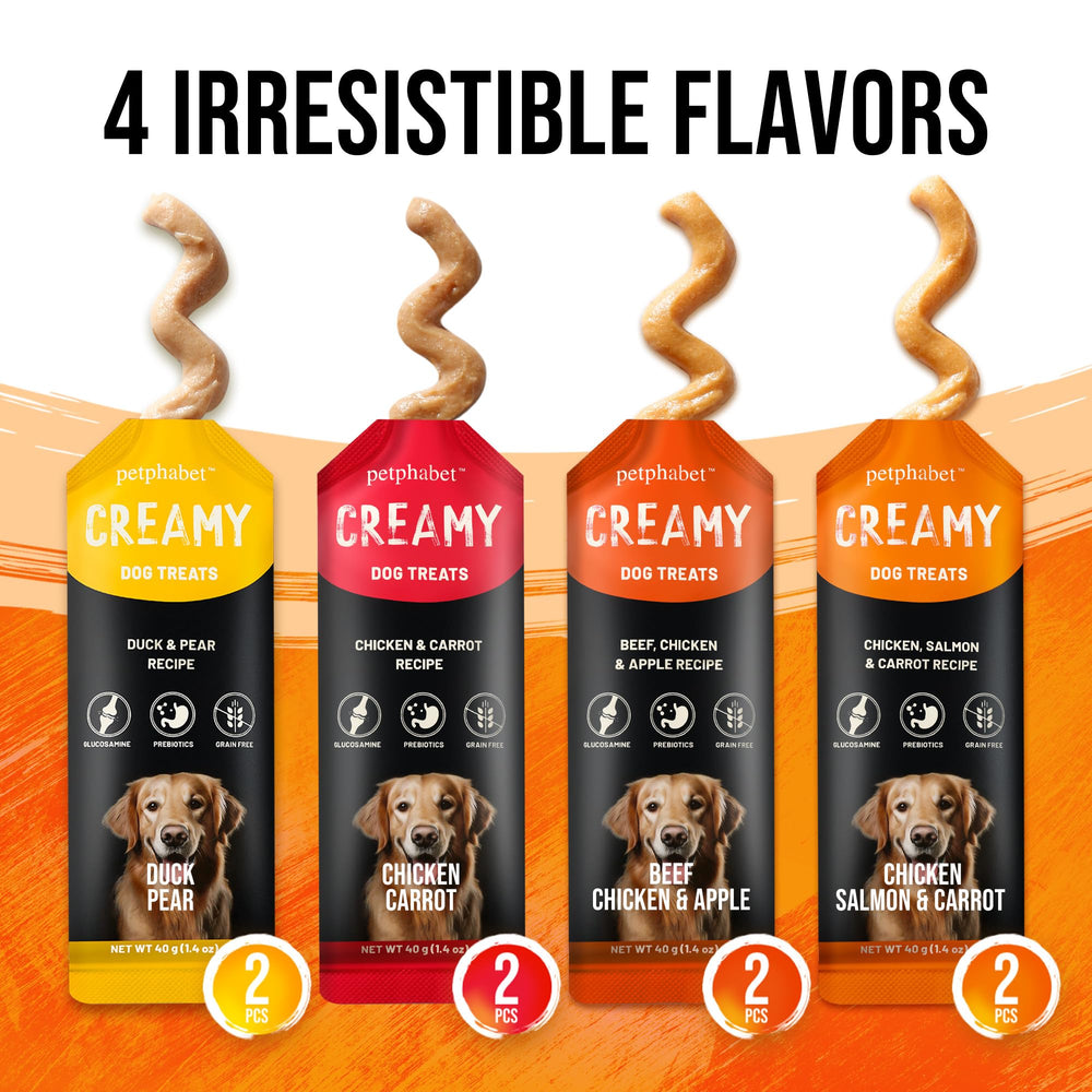 Purée crème PETPHABET comme toppeur de repas pour chien, texture lisse et attrayante.