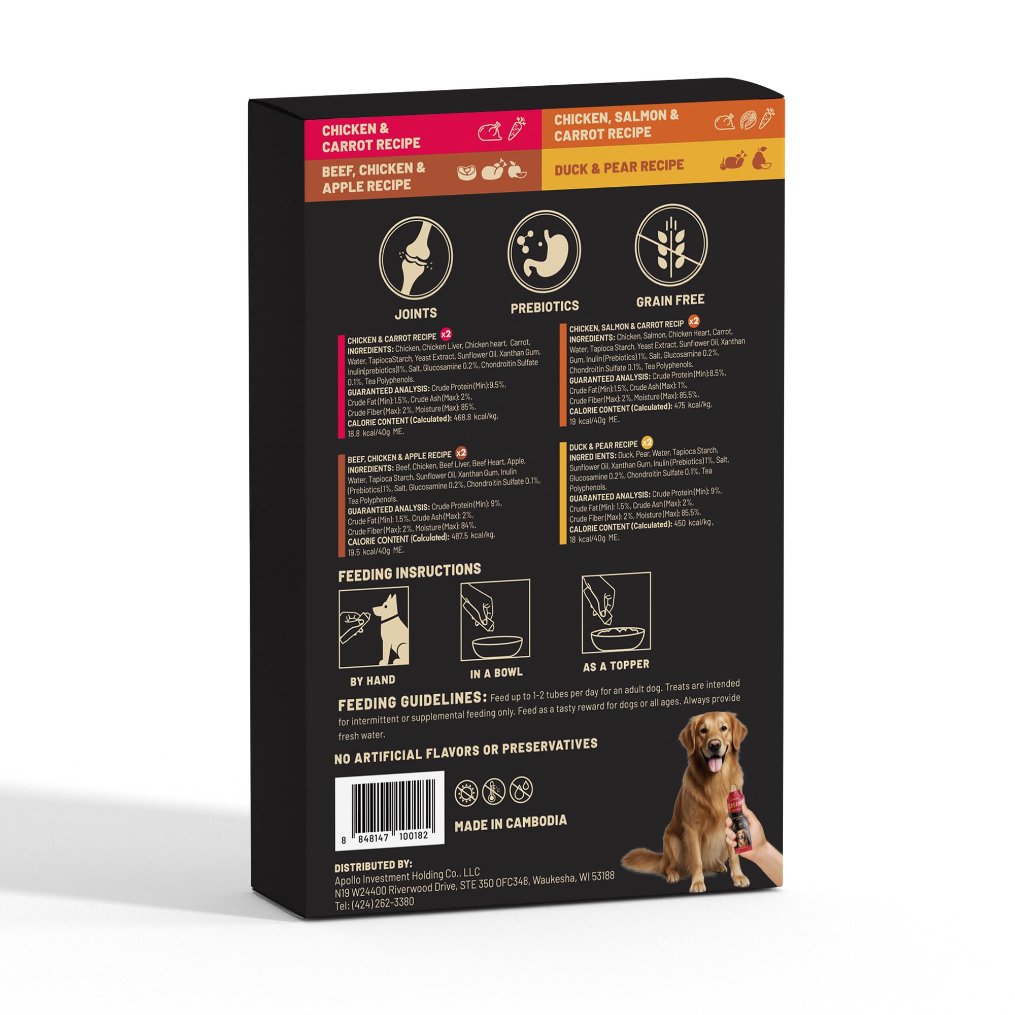 Option sans OGM et sans céréales PETPHABET pour chien, choix nutritionnel clair.