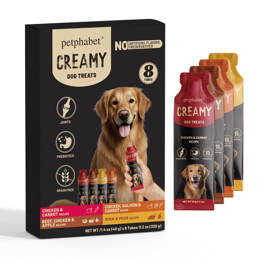 Tube PETPHABET avec portion pour chien, pratique pour récompenser pendant l'entraînement.
