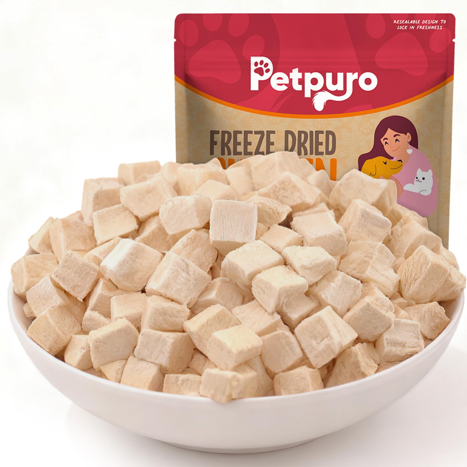 PETPURO – sachet refermable pour friandises au poulet, pratique pour les sorties.