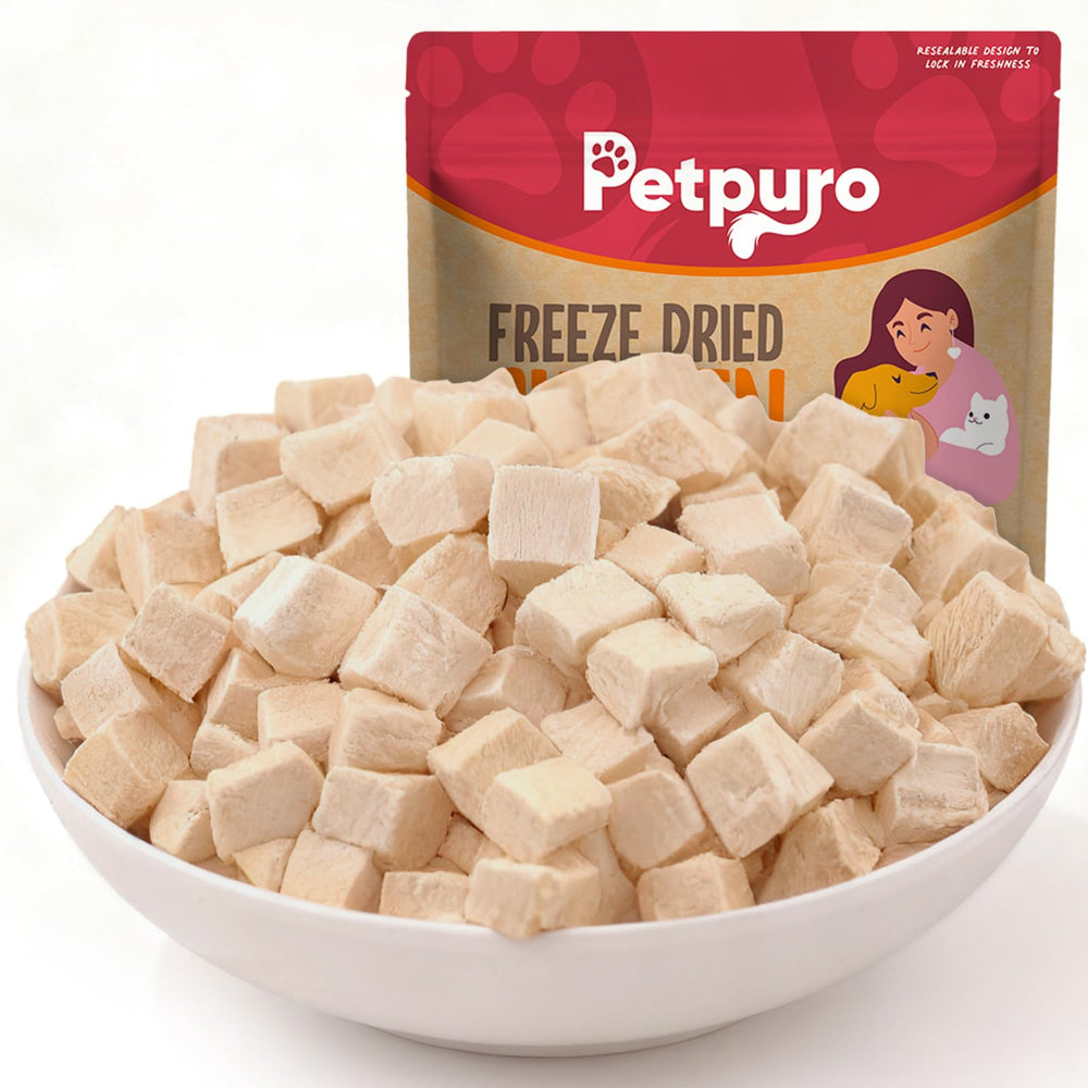PETPURO – sachet refermable pour friandises au poulet, pratique pour les sorties.