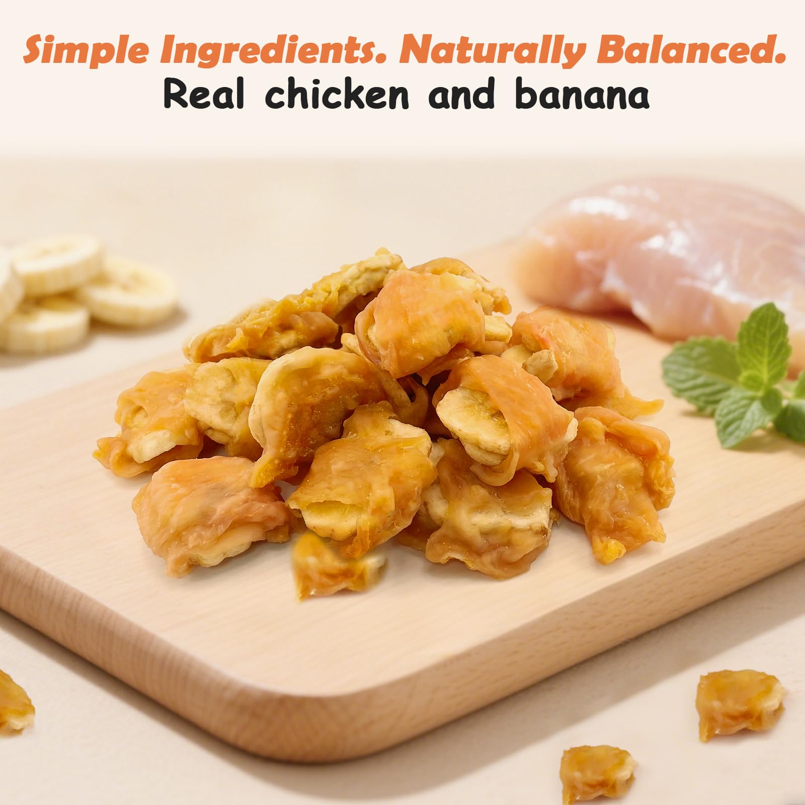 Tranches poulet-banane enrobées PETPURO pour une saveur unique.