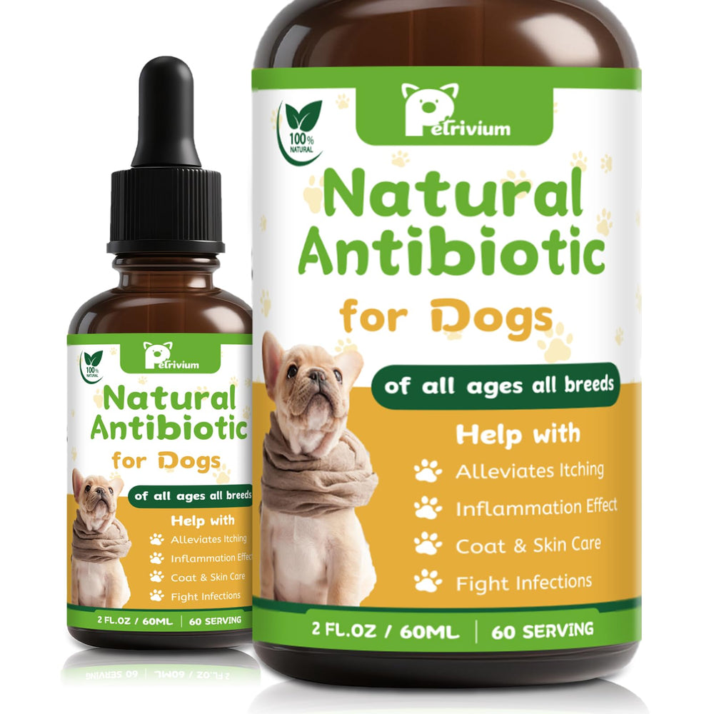 Petrivium bouteille-gouttes-antibiotiques, soutien naturel contre infections chez chiens et chats.
