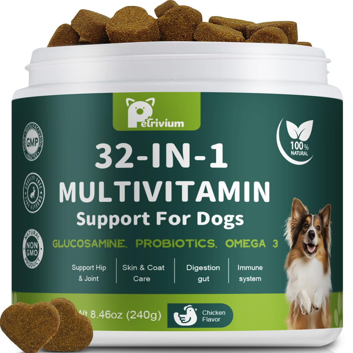 Petrivium Chien Multivitamine Masticables Glucosamine MSM: soutien mobilité et vitalité