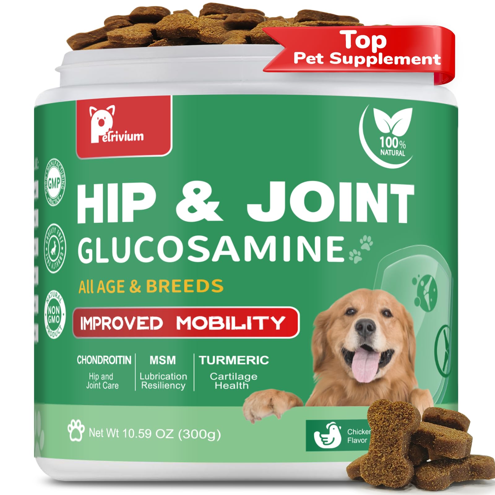 Petrivium: friandises articulations pour chiens dans une bouteille, pratique pour un dosage quotidien.