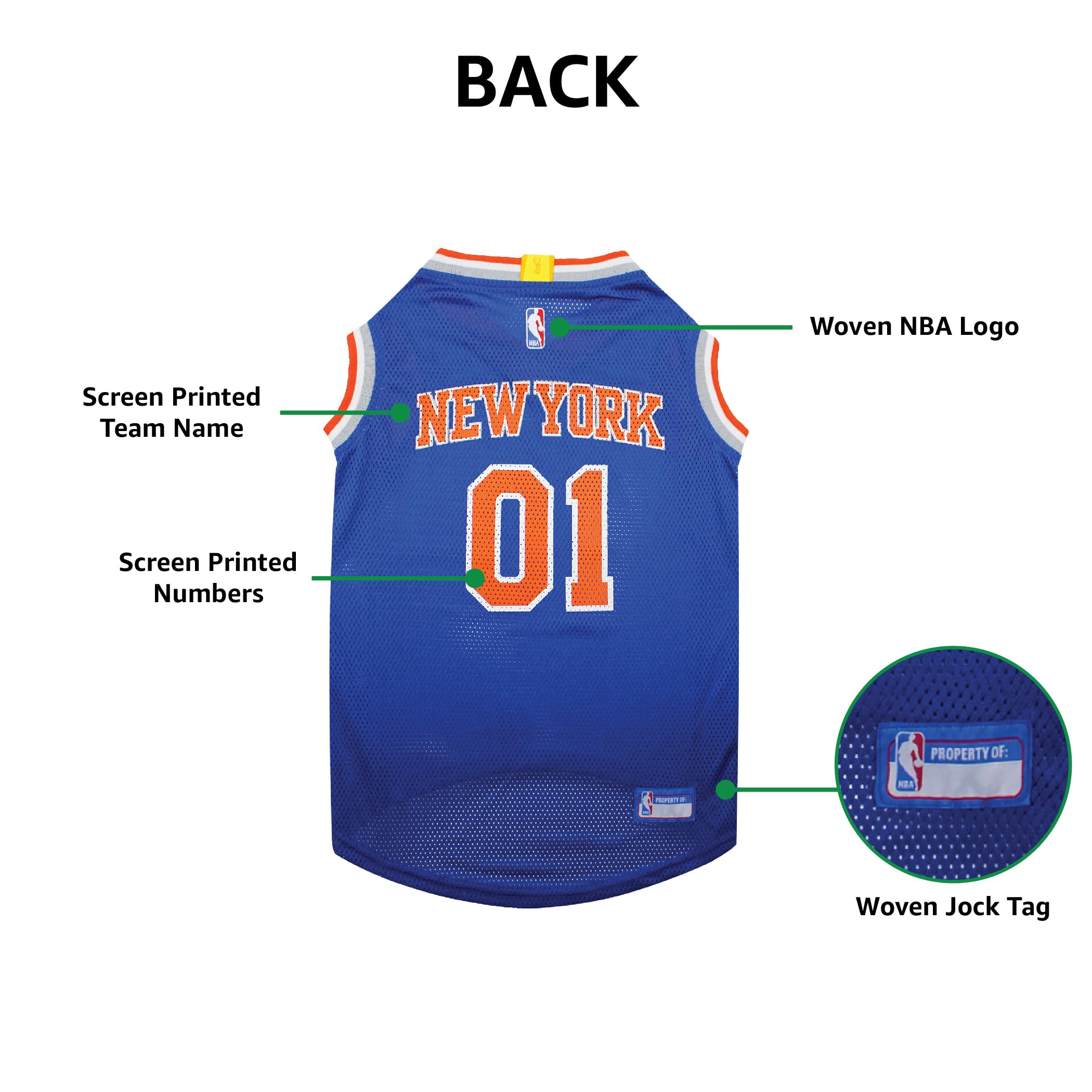 Pets First Knicks Jersey chien, étiquette personnalisable et look prêt-match.