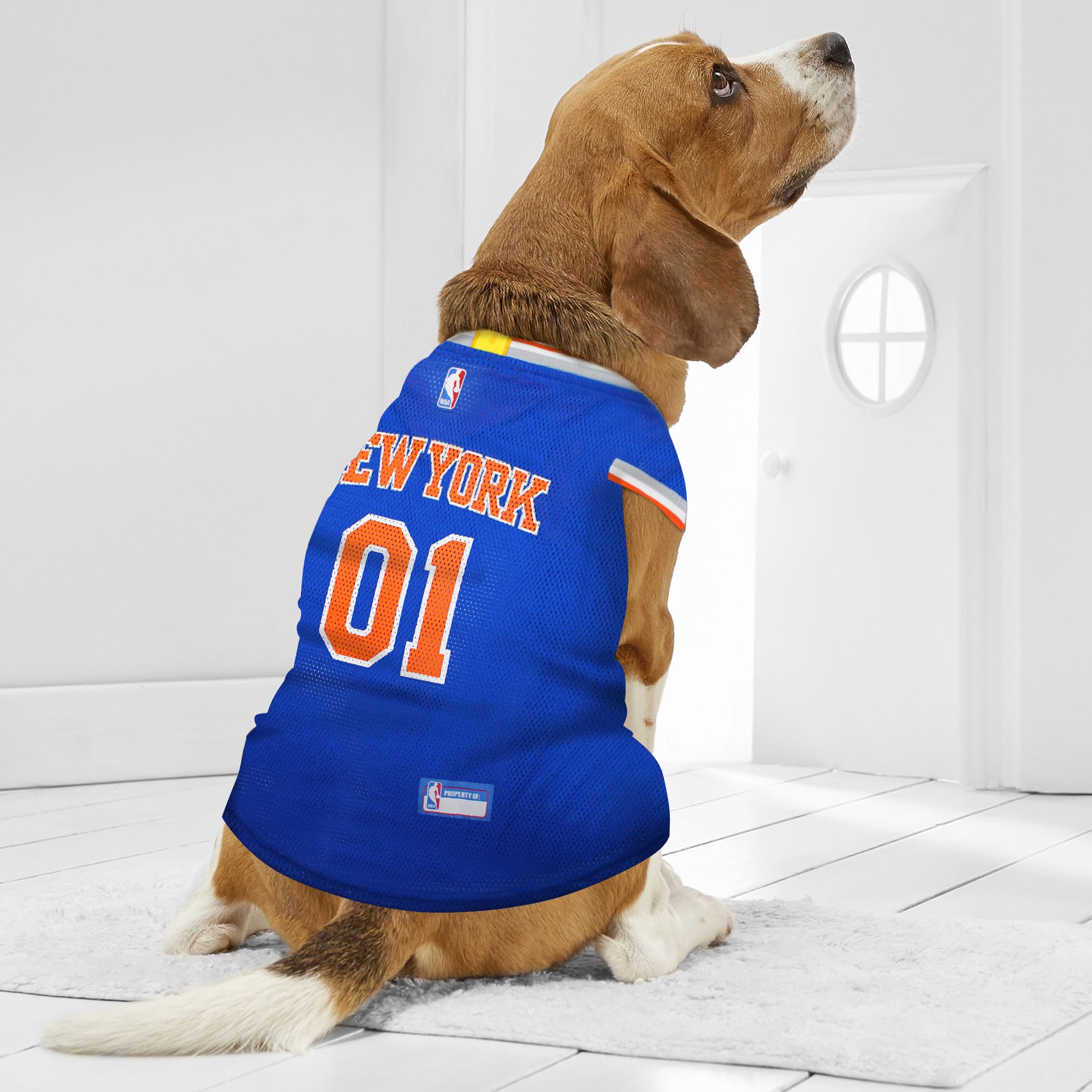 Pets First Knicks Jersey chien, logo brodé et style officiel.