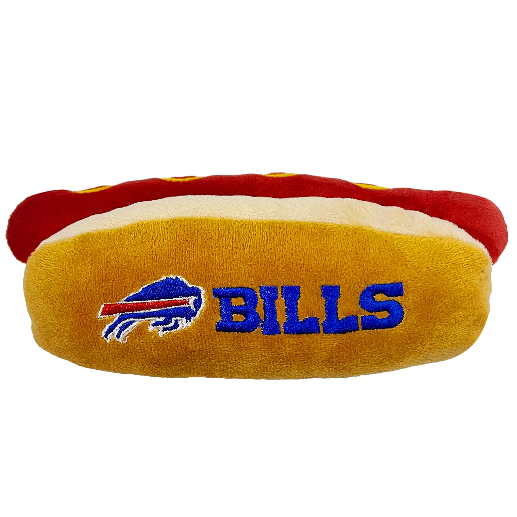Pets First: peluche hot-dog NFL avec logo Bills de Buffalo, parfait pour les fans.