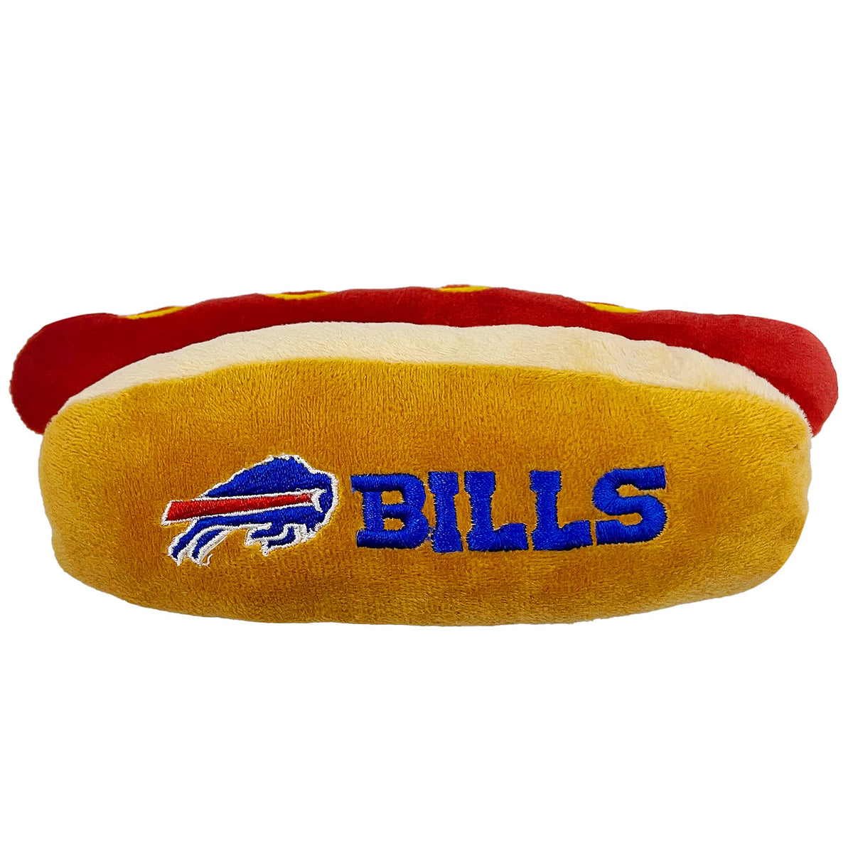 Pets First: peluche hot-dog NFL avec logo Bills de Buffalo, parfait pour les fans.