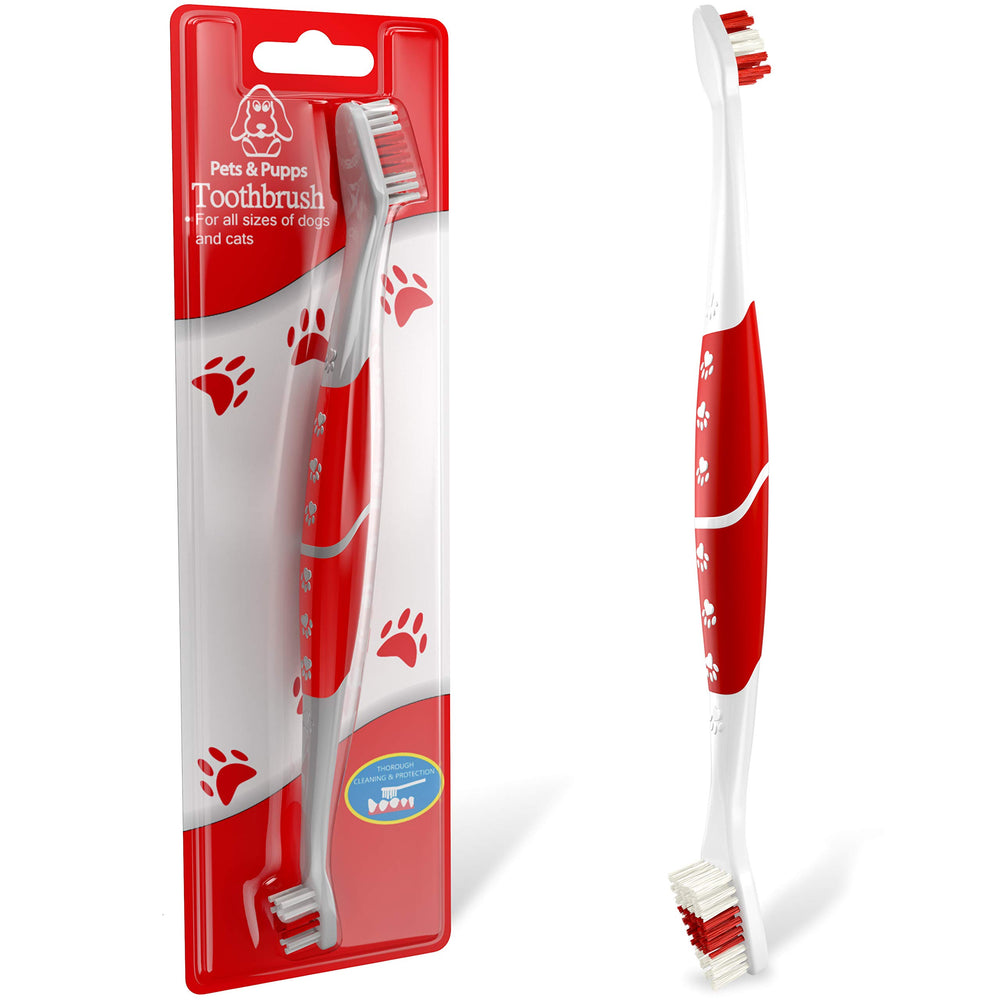 Brosse dentaire Pets & Pupps duo-têtes rouges pour chiens et chats, brossage en douceur.