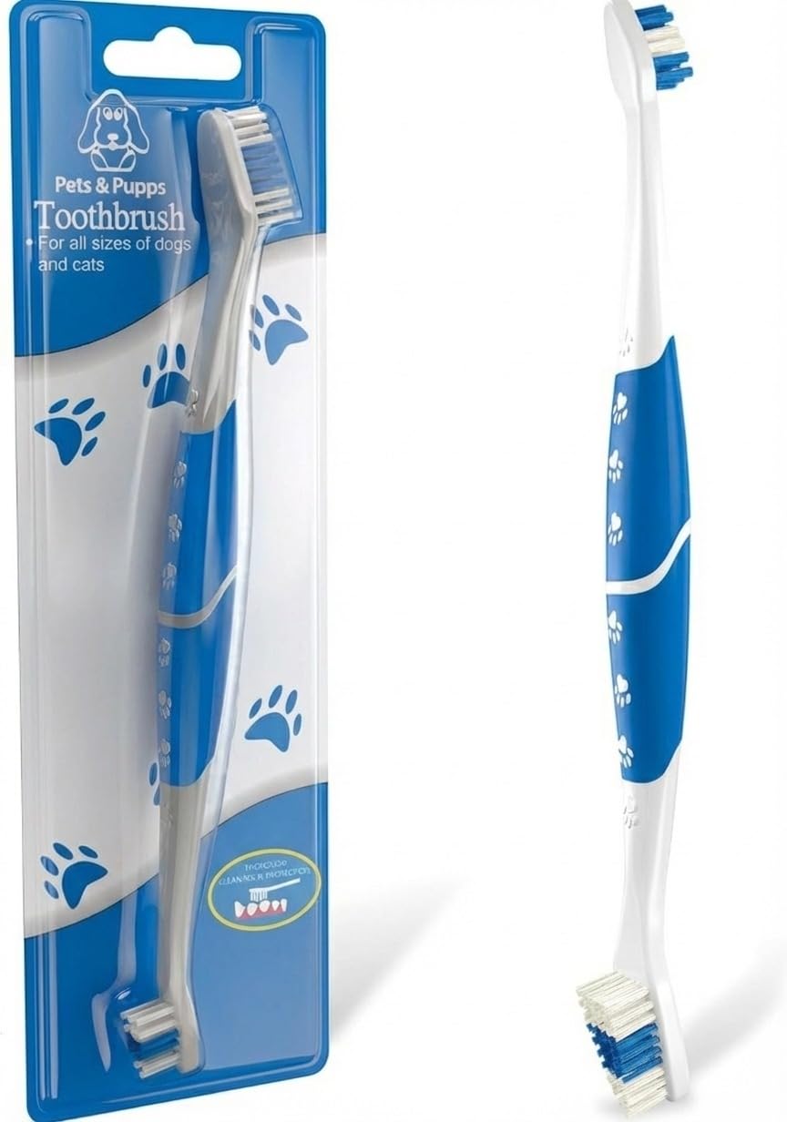 Brosse à dents Pets & Pupps double tête bleue pour chiens et chats, nettoyage doux.