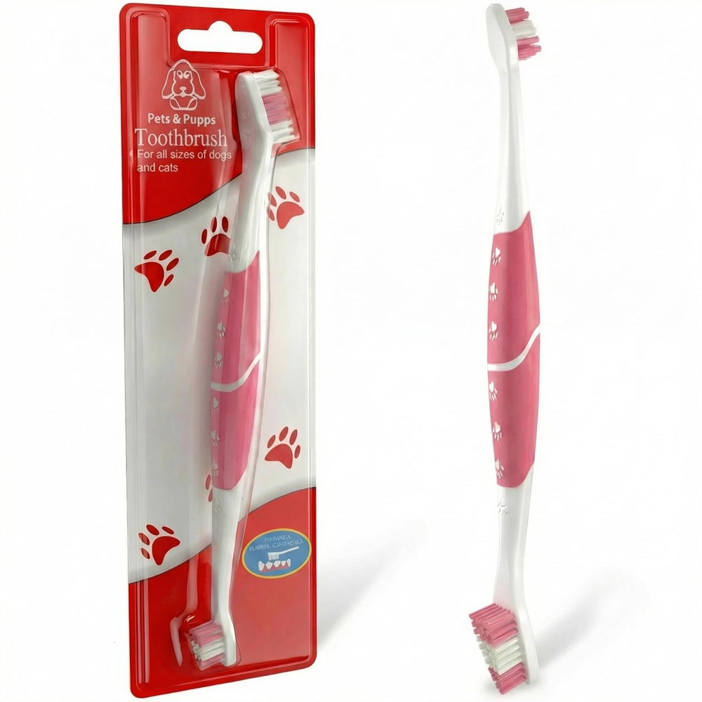 Pets & Pupps brosse-dents double tête rose avant, nettoyage en douceur des dents